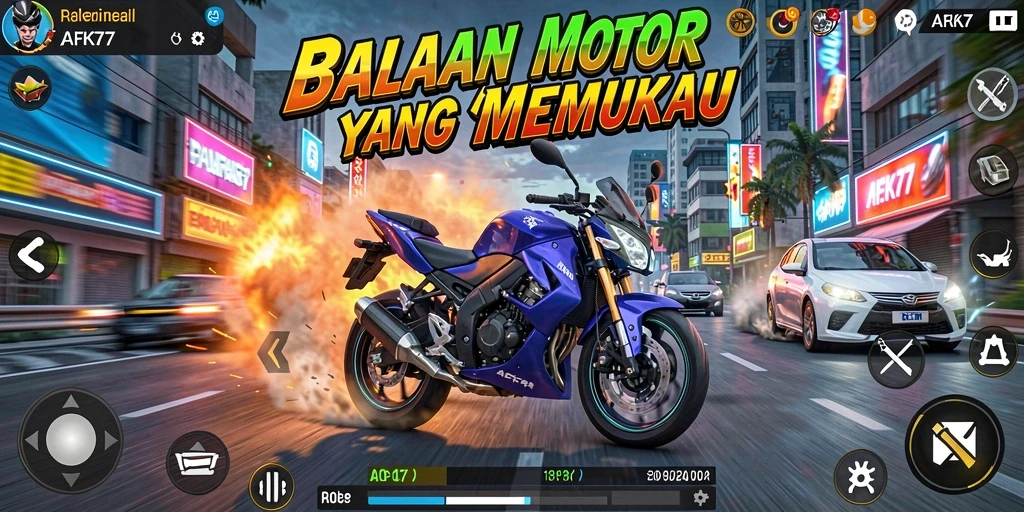 Tampilan gameplay seru di AFK77 dengan balapan motor yang mendebarkan.