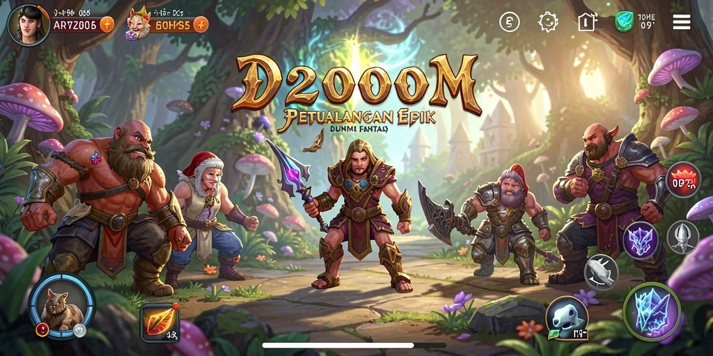 Screenshot D200M menunjukkan pertempuran epik di dunia fantasi.