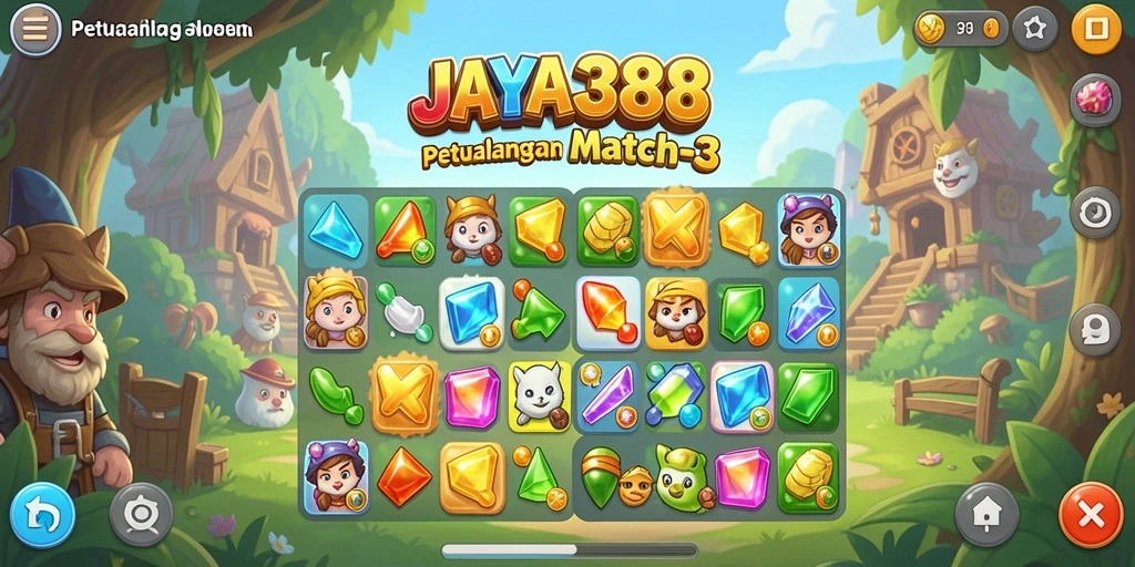 Tampilan gameplay JAYA388 yang penuh warna dalam mode Match-3.