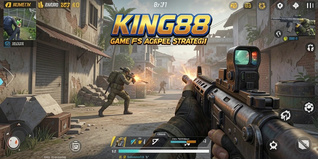 Screenshot KING88 menunjukkan aksi gameplay FPS yang mendebarkan.