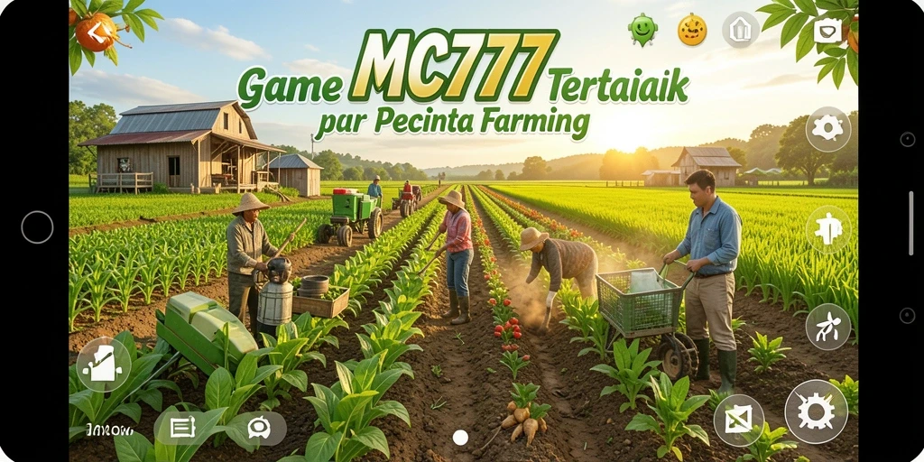 Tampilan screenshot utama MC777 menampilkan petani yang sedang merawat tanaman.