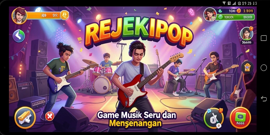 Tampilan gameplay seru dalam REJEKIPOP dengan beragam lagu.