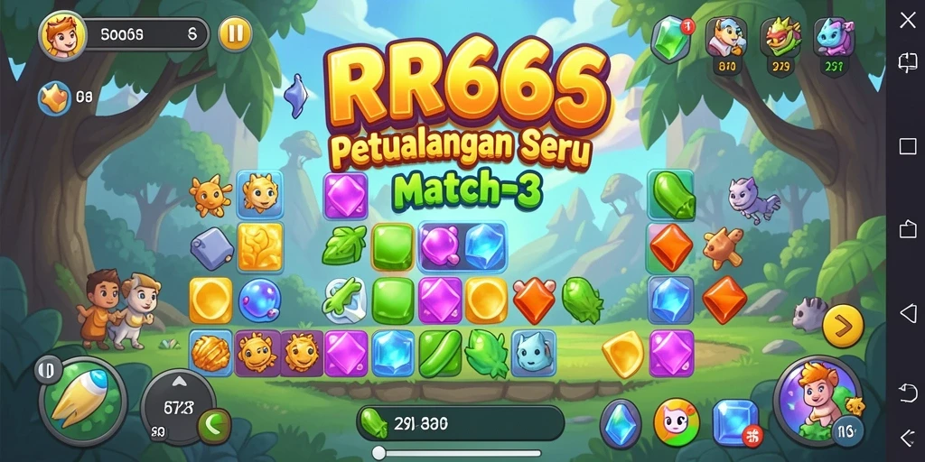 Tangkapan layar gameplay <strong>RR666</strong> menunjukkan aksi match-3 yang seru dan penuh warna.