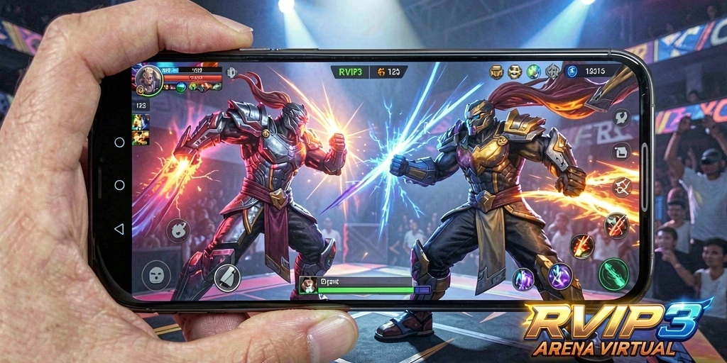 Screenshot gameplay RVIP3 menampilkan karakter bertarung di arena yang mendebarkan.