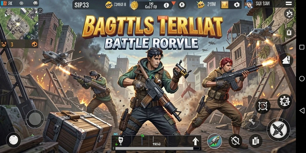 Screenshot gameplay SIP33 menampilkan aksi Battle Royale yang mendebarkan.