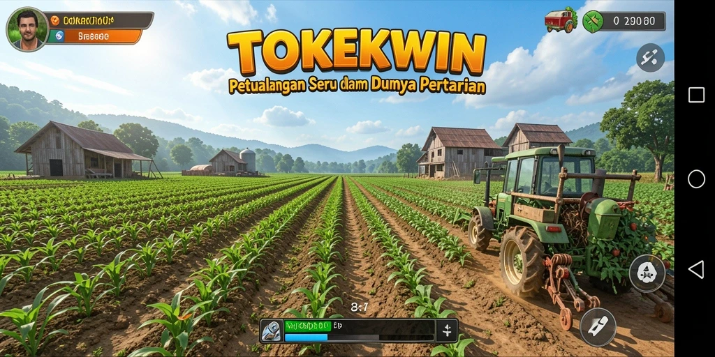 Screenshot gameplay TOKEKWIN menampilkan ladang hijau dan aktivitas pertanian.